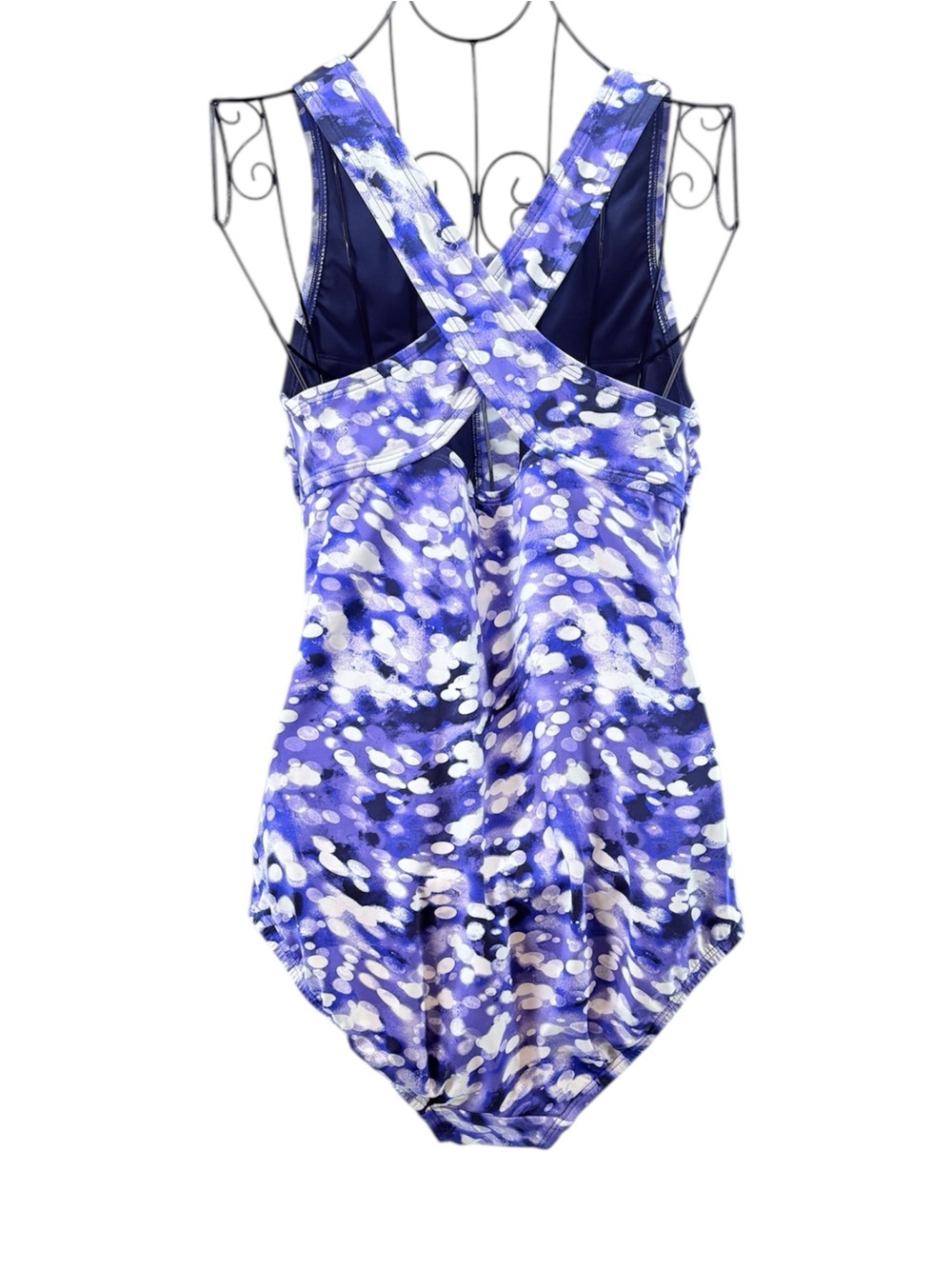 Lands' End Purple White Dotted Front-Zip Printed One-Piece Swimsuit Size M 10-12 - Picture 2 of 9